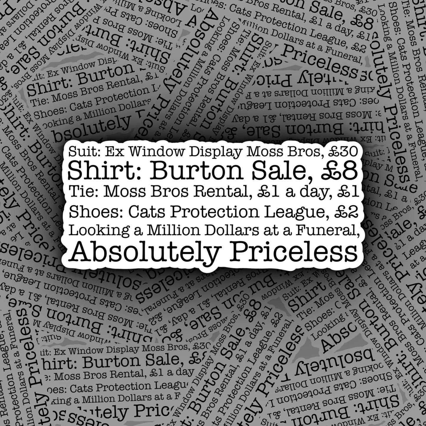 Kerry's Funeral Outfit | Suit, Ex Window Display Moss Bros | This Country Sticker | Kerry Mucklowe