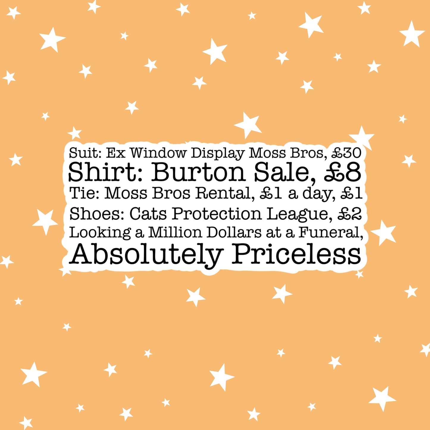 Kerry's Funeral Outfit | Suit, Ex Window Display Moss Bros | This Country Sticker | Kerry Mucklowe