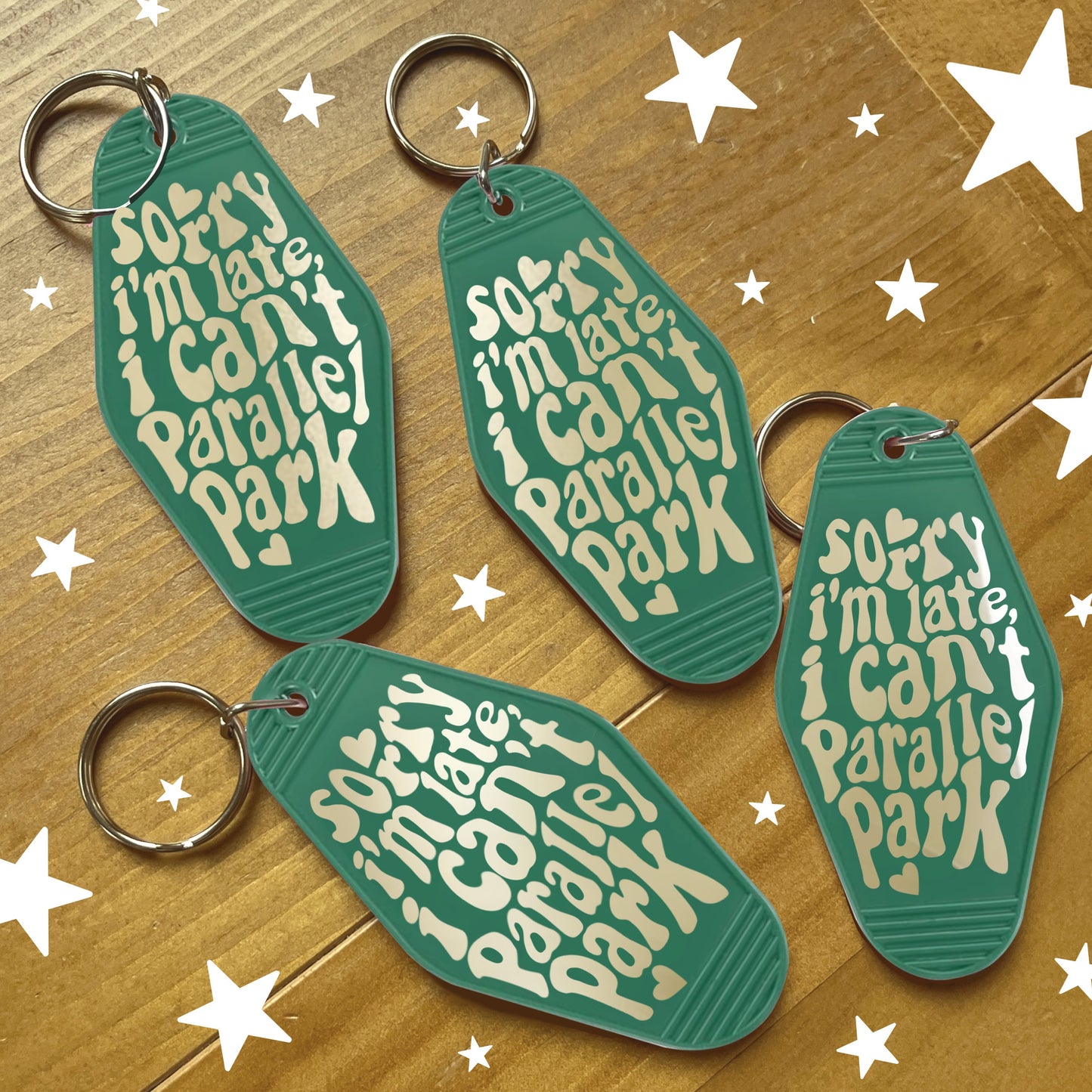 Sorry I'm Late I Can't Parallel Park Keychain | Green Motel Style Keychains, Passed Driving Test, Driving Test Gift, First Car Gift