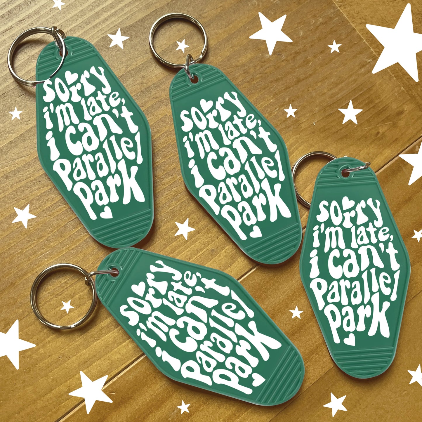 Sorry I'm Late I Can't Parallel Park Keychain | Green Motel Style Keychains, Passed Driving Test, Driving Test Gift, First Car Gift