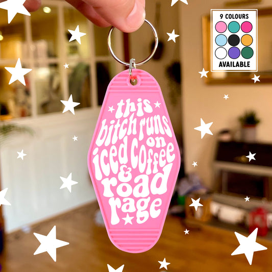 This Bitch Runs On Iced Coffee & Road Rage Keychain | Motel Style Keychains, Passed Driving Test, Driving Test Gift, Car Gift, Gifts for Her